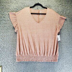 Sonoma Top Womens 1X Brown Chili Red V-Neck Flutter Sleeve Smocked Waist *NWT*